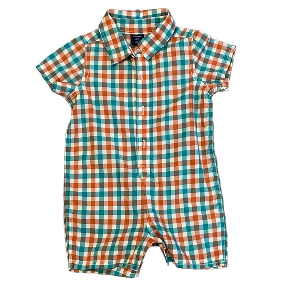infant boys orange teal collared ss checkered print one piece - Picture 1 of 5